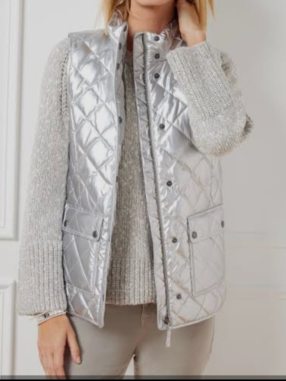 Talbots Quilted Metallic Silver Vest Down Filled Holiday Winter Speacial Ocasion